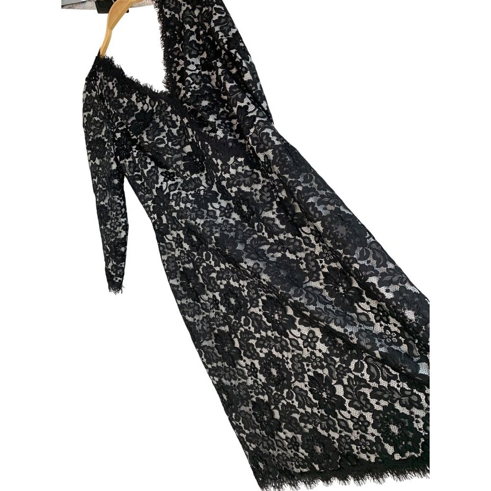 Tadashi Black Lace Dress Double V-Neck Size 16 RT10291 Double Lined EUC